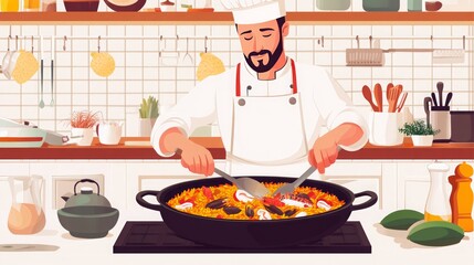 Chef Cooking Delicious Seafood Paella in a Kitchen