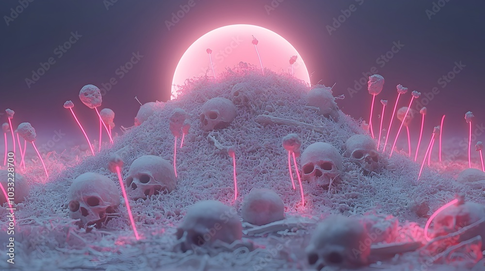 Aufkleber Ethereal Neon Bone Pile   Eerie Surreal Abstract Glowing Composition with Vibrant Colorful Lighting Effect Adding a Haunting Mysterious Atmosphere