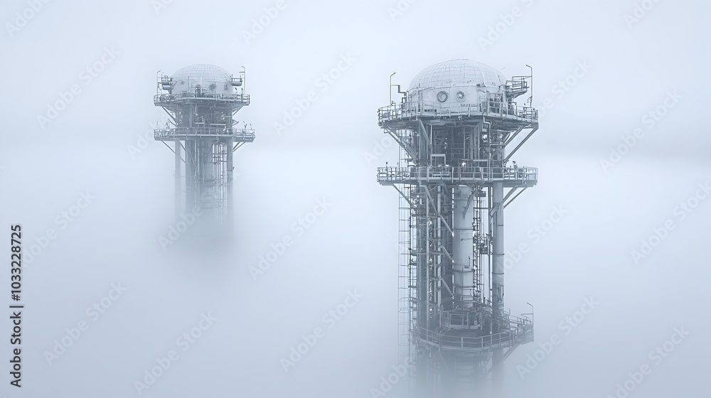 Poster Ethereal fog envelops towering refinery structures creating a dreamlike fusion of industry and environment