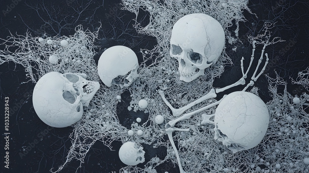 Aufkleber ethereal skeletons resting beneath autumnal tree branches a moody portrayal of nature s duality expl