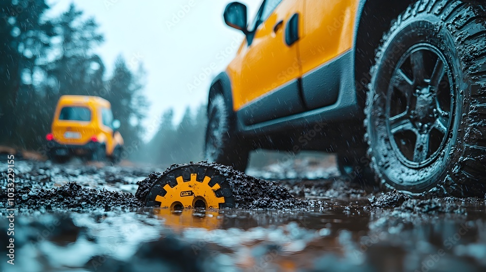 Poster excavator tracks embedded in wet soil with looming machinery overhead construction and earthmoving e