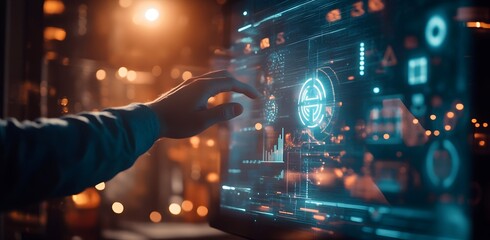 A businessman uses a virtual screen to display a growth graph and bar chart with financial data on a black background, representing the concept of business success. 