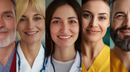 Smiling healthcare professionals showcase their dedication and compassion in this close up collage. Each individual represents commitment to wellness and care