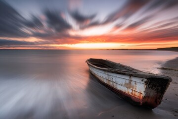 A weathered boat sits on a sandy beach at sunset, with dramatic clouds in the sky.