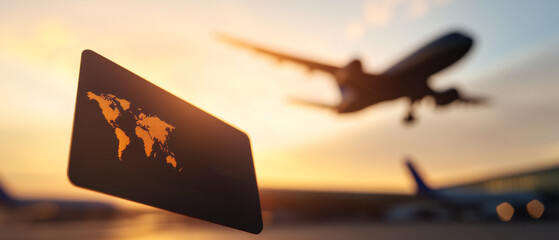 Stylized credit card graphic with blurred airport and airplane in background, evoking sense of travel and adventure
