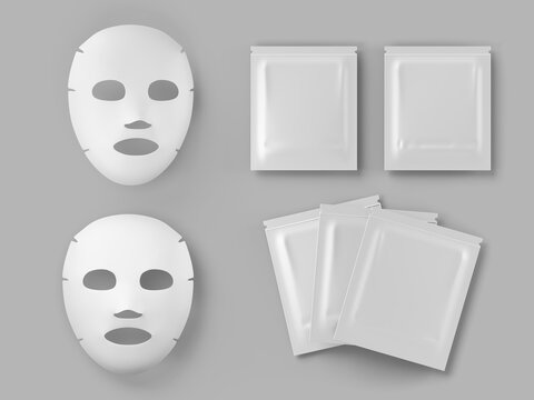 3d face mask sheet and blank white package mockup. Realistic beauty fabric facial mask for skin care with gel, cream or collagen. Cosmetic sachet, pouch render bag isolated icon set. 3D illustration