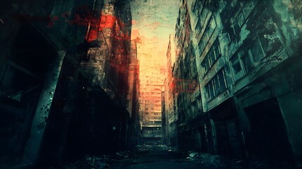 Urban exploration captured through gritty textures and cityscapes. groovy graphic 