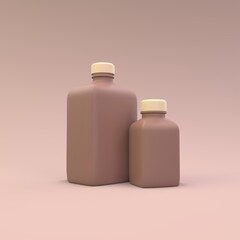 Medicine plastic bottles on a the brown background. Medicine package design. 3d illustration.