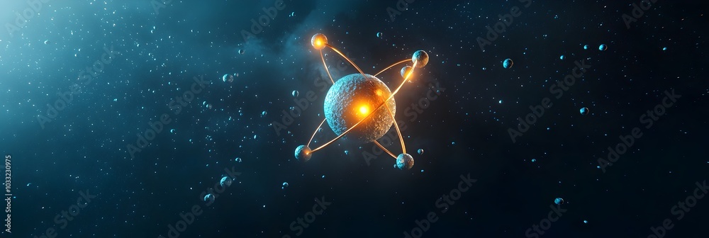 Poster glowing atomic structure with protons and electrons suspended in the vastness of cosmic space repres
