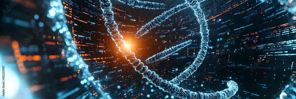 Poster Glowing DNA strands twisting and swirling in a captivating digital vortex showcasing the complex and dynamic nature of genetic information and biological processes in a futuristic