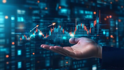 Fototapeta premium Businessman's hand holding a growth graph chart and an arrow pointing up, set against a digital technology background, representing a business plan, financial analysis, or stock market exchange. 