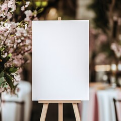 Blank Wedding Easel: A white easel sits ready for your message, surrounded by delicate blossoms and hints of a romantic wedding reception in the background.