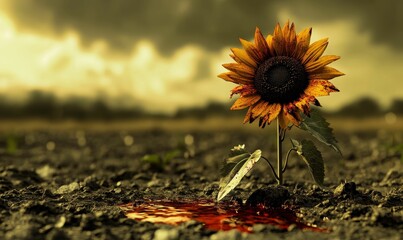 A bloody sunflower in a barren field.