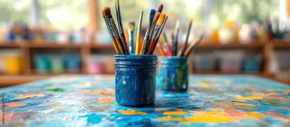 Canvas Prints Two jars of paintbrushes on a table covered in paint.