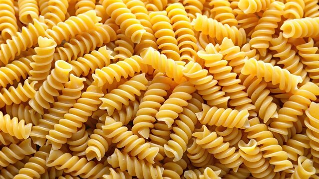 Abstract background of uncooked rotini pasta noodles in forced perspective