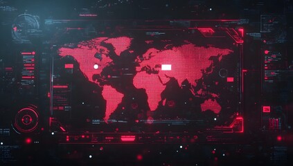 Cinematic shot of a futuristic screen with a digital world map, a hologram interface in the center, in red and black colors,