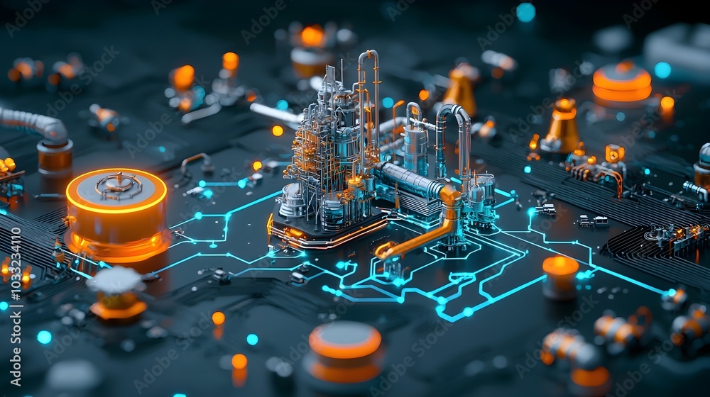 Poster intricate pipeline maze weaving through a complex network of refinery structures symbolizing the com