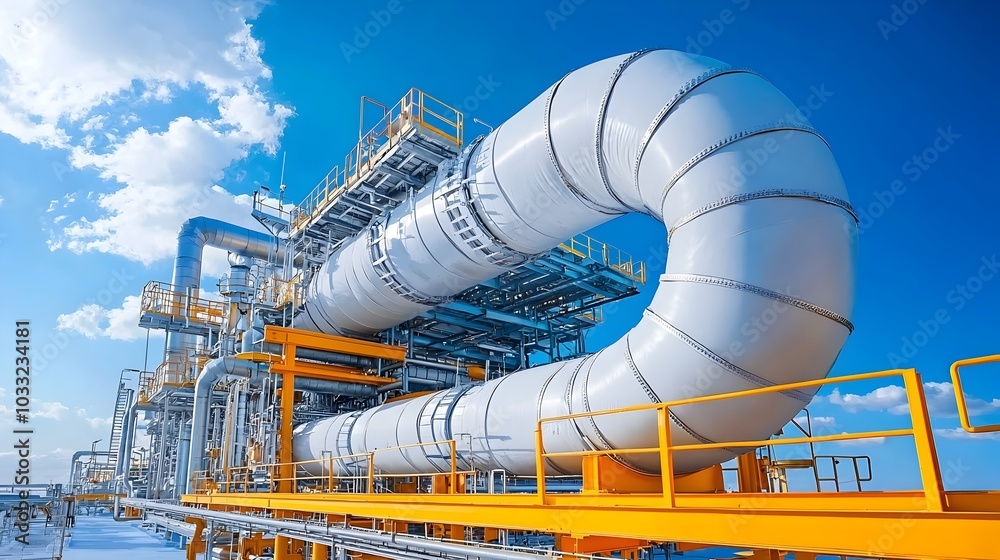 Poster intricate pipeline maze weaving through a sprawling refinery complex symbolizing the complexity and 
