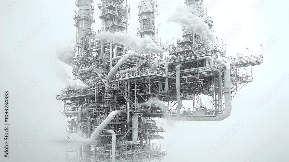 Poster Intricate Pipeline Maze Weaving Through Refinery Structures Symbolizing the Complexity and Interconnectedness of Industrial Systems and Infrastructure