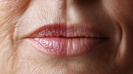 Obraz premium Step-by-step video tutorial on applying anti-wrinkle cream around the mouth, featuring close-up shots of wrinkles before, and a noticeable reduction after consistent use