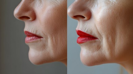 Obraz premium Infographic showing the causes of wrinkles around the mouth, paired with detailed before-and-after treatment photos, Modern Style, High Detail