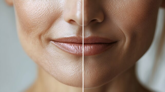 Anti-aging treatment time-lapse video, focusing on the mouth area, showing fine line reduction and skin rejuvenation, with side-by-side before-and-after results, Detailed, Bright Lighting
