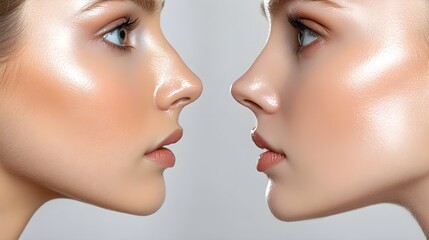 Visual comparison of non-invasive nose correction versus rhinoplasty surgery, highlighting variations in results with side-by-side before-and-after shots, Realistic, Soft Lighting