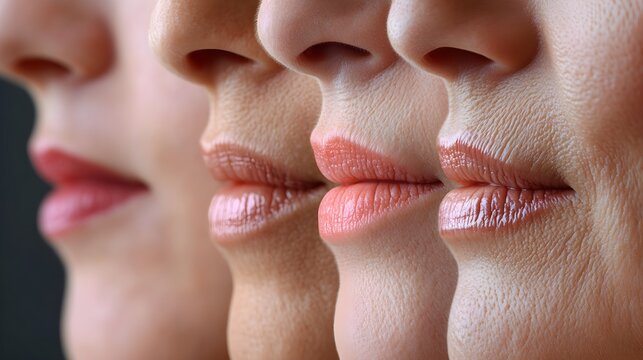 Side-by-side comparison of different mouth area wrinkle treatments, including injectable fillers and skin resurfacing, detailed skin texture before-and-after, Realistic, Soft Lighting