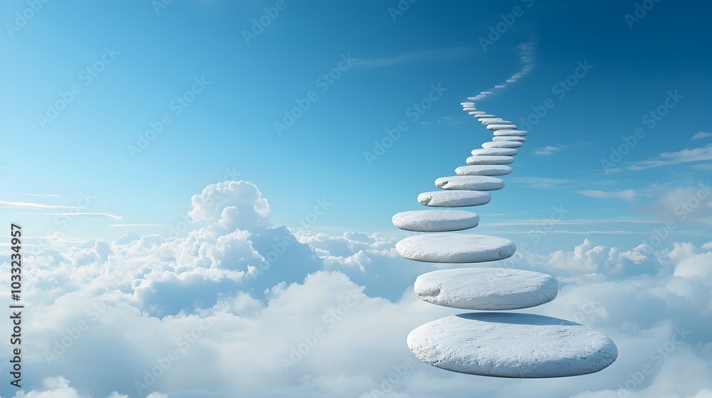 Poster Magical floating rock formations creating a serene pathway through ethereal dreamlike clouds evoking a sense of wonder and tranquil into a visionary landscape