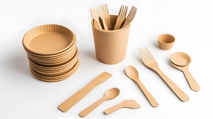 disposable eco tableware made of cardboard spoon fork knife Sustainable planet, on a white background to insert the layout. 
