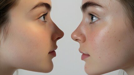 Obraz premium Before-and-after rhinoplasty profile shots, focusing on the nose's raised bridge and wider tip before surgery, and the straightened, refined result afterward