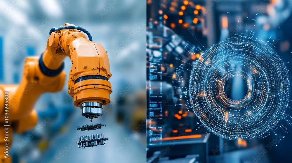 Poster Magnets securely attached to a robot arm precisely picking up and moving metal components in a smooth organized and efficient manufacturing assembly line process