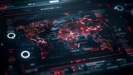 Fototapeta premium Cinematic shot of a futuristic screen with a digital world map, a hologram interface in the center, in red and black colors,