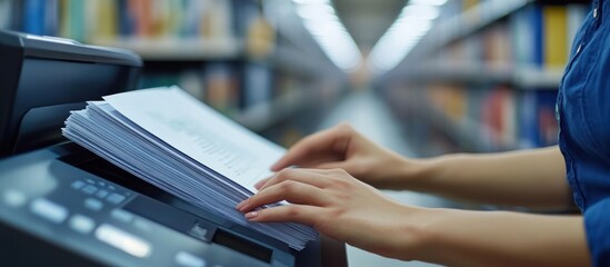 Woman's hands putting papers into a scanner in a library.