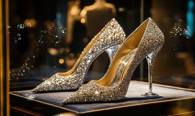 Two sparkly high heels on display.
