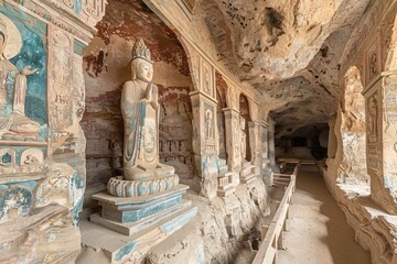 Fototapeta premium Ancient Dunhuang Mogao Caves, Sacred Buddhist Art and Cultural Heritage in China’s Grottoes