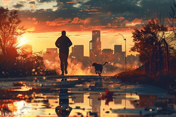 Fototapeta premium A man standing on top of a puddle of water next to a dog