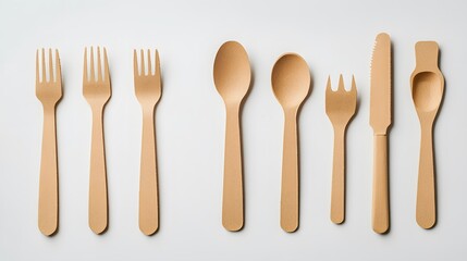 disposable eco tableware made of cardboard spoon fork knife Sustainable planet, on a white background to insert the layout. 