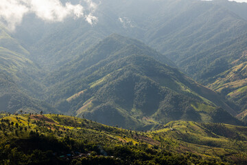 Naklejka premium Top view Morning Mist and Viewpoint with Layers of Mountains