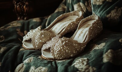 Naklejka premium Beaded sandals on a patterned fabric.