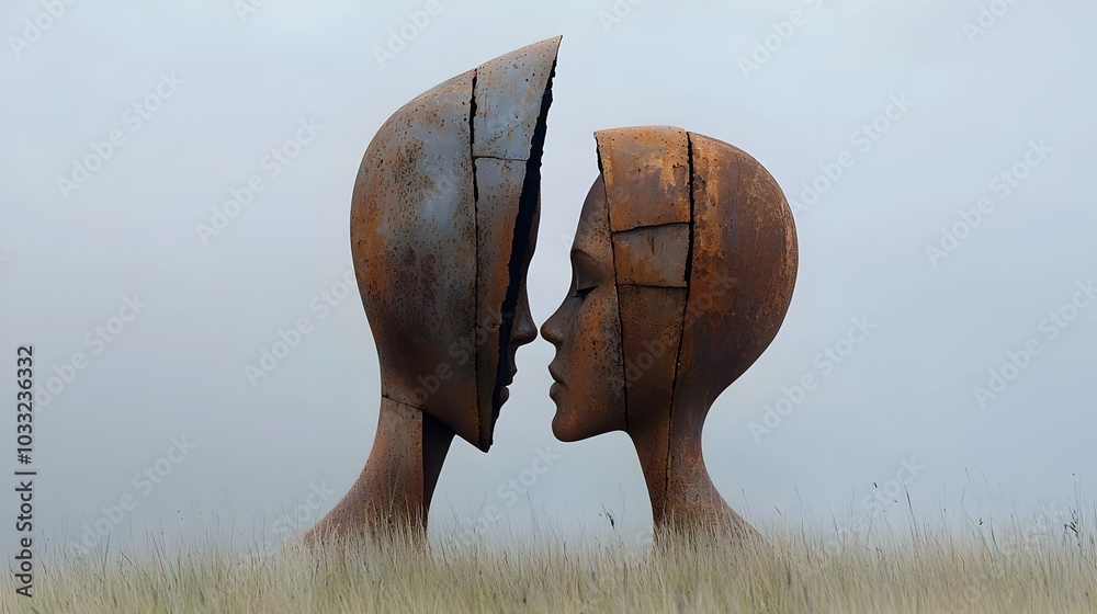 Aufkleber Merging Faces   An abstract sculptural artwork that explores the concept of perspective and duality by blending two faces into a single visually captivating form