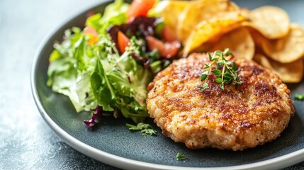 Garnished Fried Meat Cutlet with Fresh Salad