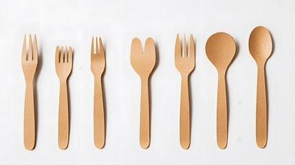 disposable eco tableware made of cardboard spoon fork knife Sustainable planet, on a white background to insert the layout. 