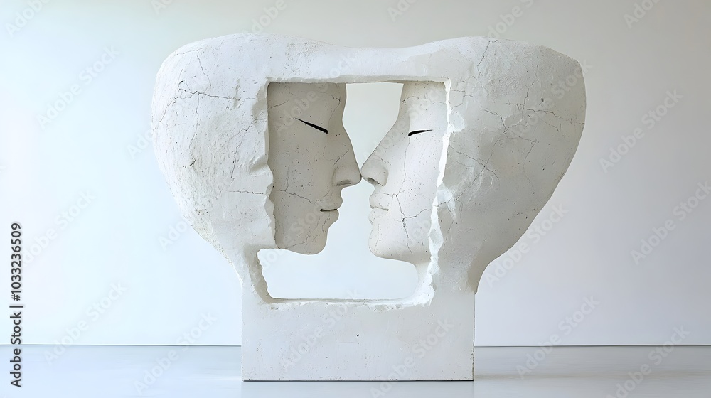 Poster Merging Faces   An abstract sculptural depiction that plays with perspective merging two faces into a singular ambiguous form that explores the concept of identity and transformation