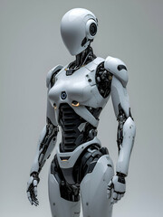 A white humanoid robot with intricate mechanical details, featuring a smooth, rounded head, exposed joints, and a sleek, futuristic design. It stands against a light grey background, ready to interact