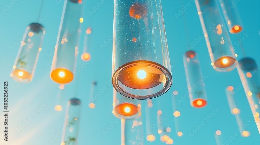 Aufkleber Mesmerizing abstract image showcasing the prismatic effects of light refracting through hanging glass prisms creating a dynamic display of vibrant rainbow patterns and flare