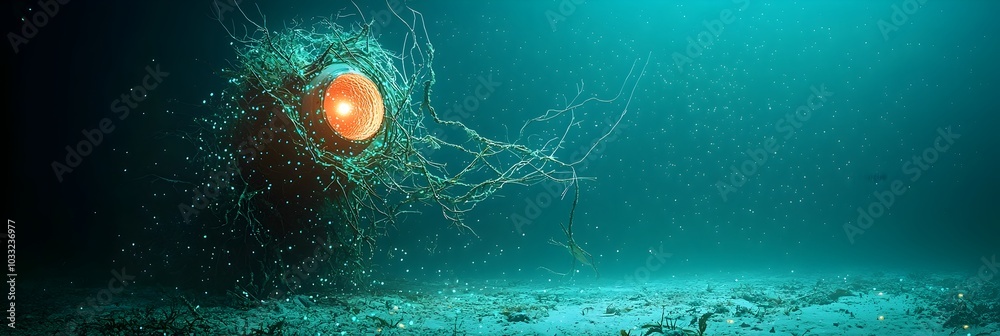 Poster mesmerizing bioluminescent plankton glowing in the deep dark depths of the ocean emitting a captivat