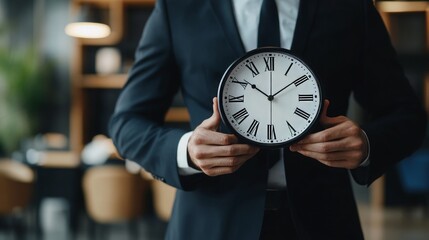 Businessman Holding Clock: Time Management and Efficiency