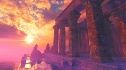 Fototapeta premium Ancient temple meets quantum computing, tradition future fusion, dawn light