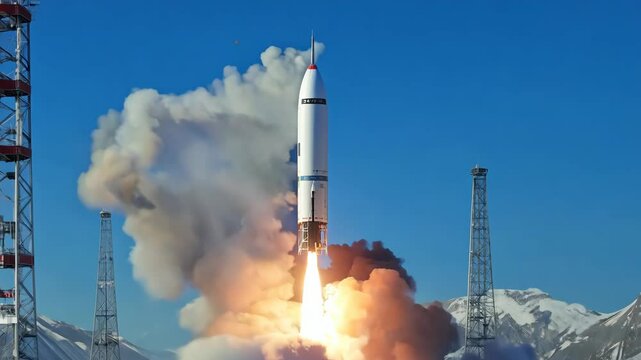 Rocket launch at dawn from a remote site surrounded by mountains and communication towers